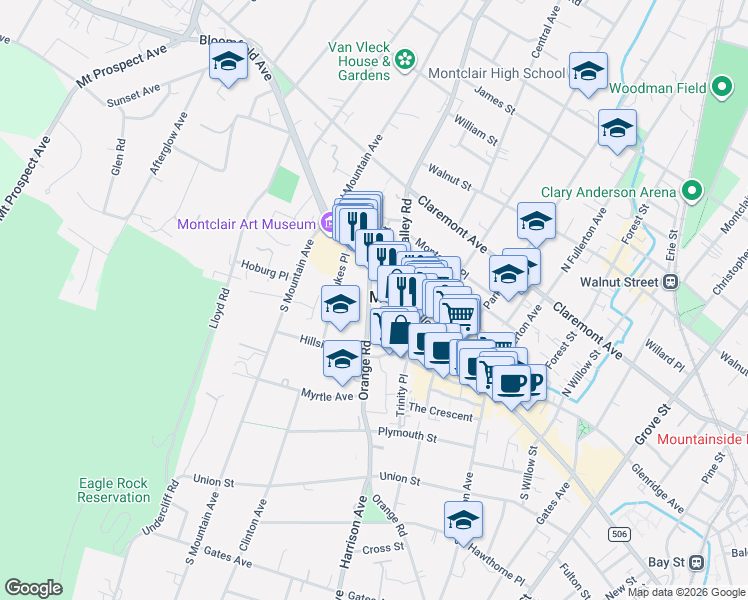 map of restaurants, bars, coffee shops, grocery stores, and more near 23 Orange Road in Montclair