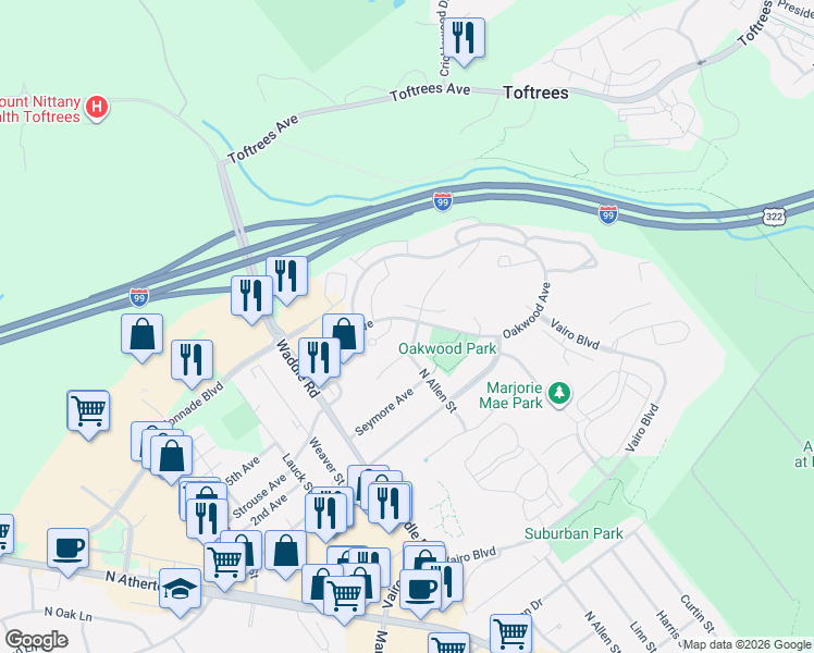 map of restaurants, bars, coffee shops, grocery stores, and more near 111 Westminster Court in State College