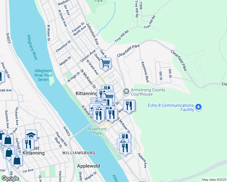 map of restaurants, bars, coffee shops, grocery stores, and more near 132 North Grant Avenue in Kittanning