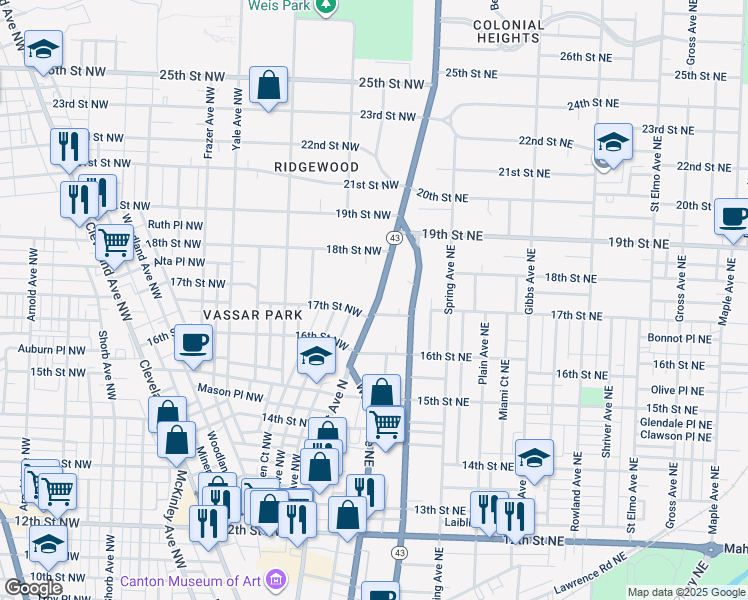 map of restaurants, bars, coffee shops, grocery stores, and more near in Canton