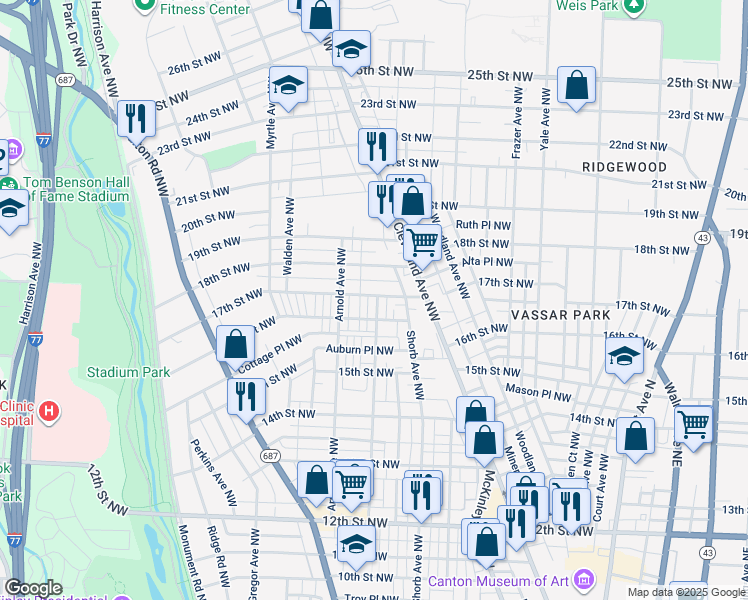 map of restaurants, bars, coffee shops, grocery stores, and more near 1613 Oxford Avenue Northwest in Canton