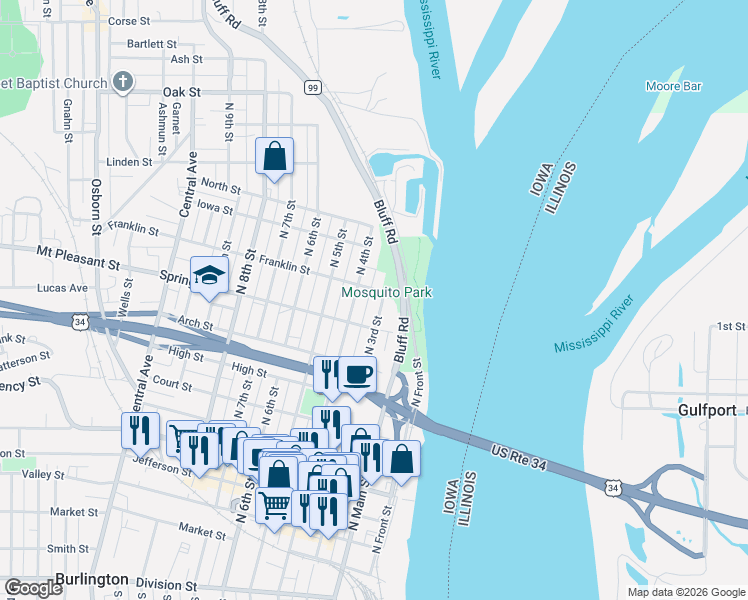 map of restaurants, bars, coffee shops, grocery stores, and more near 915 North 3rd Street in Burlington