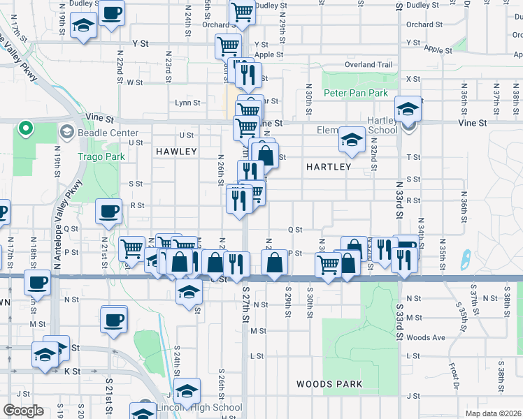 map of restaurants, bars, coffee shops, grocery stores, and more near 335 North 28th Street in Lincoln