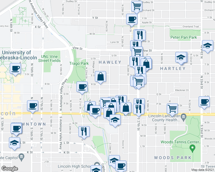 map of restaurants, bars, coffee shops, grocery stores, and more near 333 North 24th Street in Lincoln