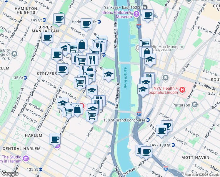 map of restaurants, bars, coffee shops, grocery stores, and more near 28 W 141st St in New York