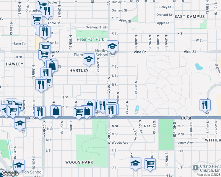 map of restaurants, bars, coffee shops, grocery stores, and more near 3325 R Street in Lincoln