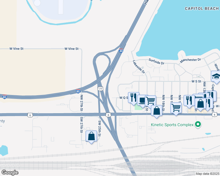 map of restaurants, bars, coffee shops, grocery stores, and more near 2235 West Q Street in Lincoln