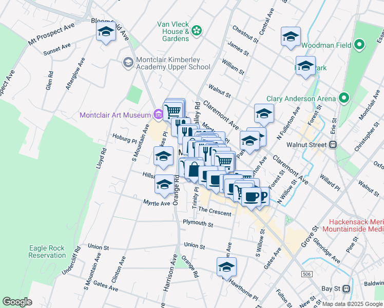 map of restaurants, bars, coffee shops, grocery stores, and more near in Montclair