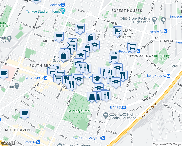 map of restaurants, bars, coffee shops, grocery stores, and more near 653 Cauldwell Avenue in Bronx