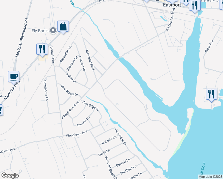 map of restaurants, bars, coffee shops, grocery stores, and more near 5 Inlet View Path in East Moriches