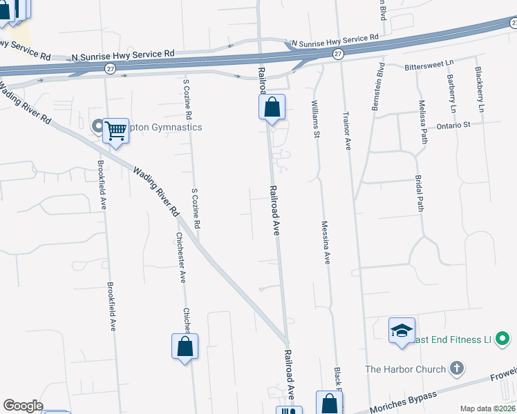map of restaurants, bars, coffee shops, grocery stores, and more near 326 Railroad Avenue in Center Moriches