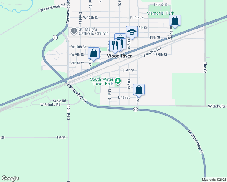 map of restaurants, bars, coffee shops, grocery stores, and more near 401-449 Main St in Wood River
