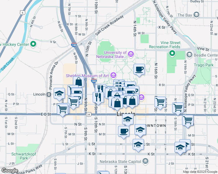 map of restaurants, bars, coffee shops, grocery stores, and more near 1113 R Street in Lincoln