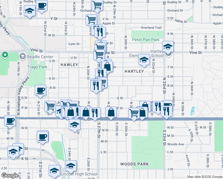map of restaurants, bars, coffee shops, grocery stores, and more near 335 North 28th Street in Lincoln