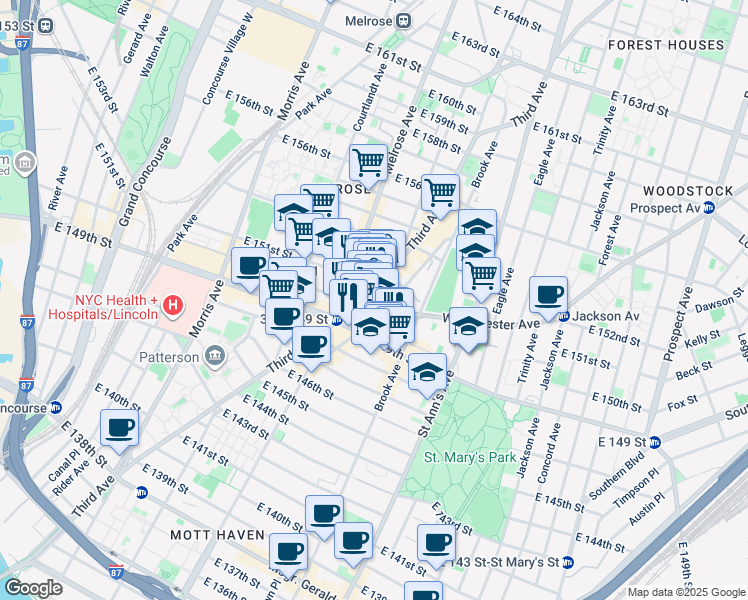 map of restaurants, bars, coffee shops, grocery stores, and more near 423 Westchester Avenue in The Bronx