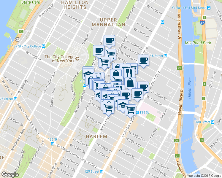 map of restaurants, bars, coffee shops, grocery stores, and more near 231 West 136th Street in New York