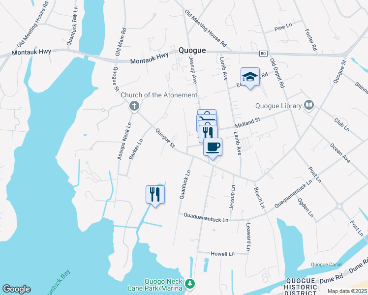 map of restaurants, bars, coffee shops, grocery stores, and more near 36 Quogue Street in Quogue