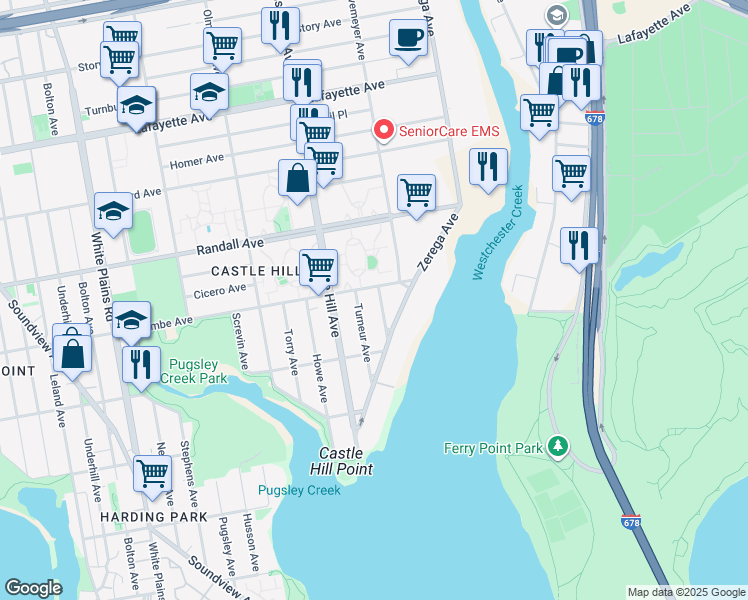 map of restaurants, bars, coffee shops, grocery stores, and more near 448 Effingham Avenue in Bronx