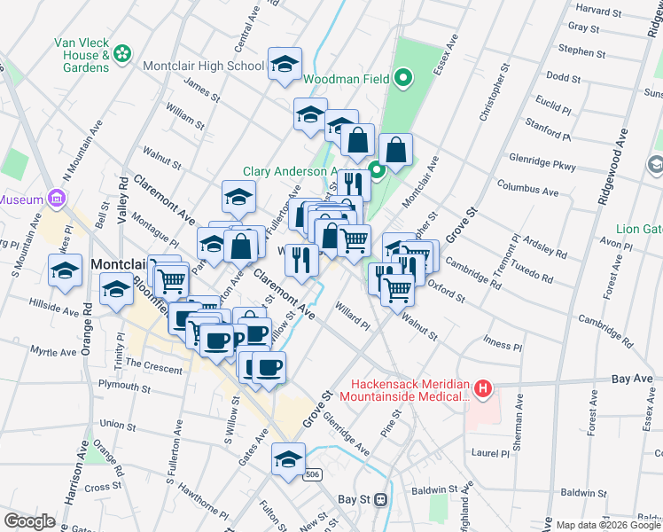 map of restaurants, bars, coffee shops, grocery stores, and more near 77 North Willow Street in Montclair