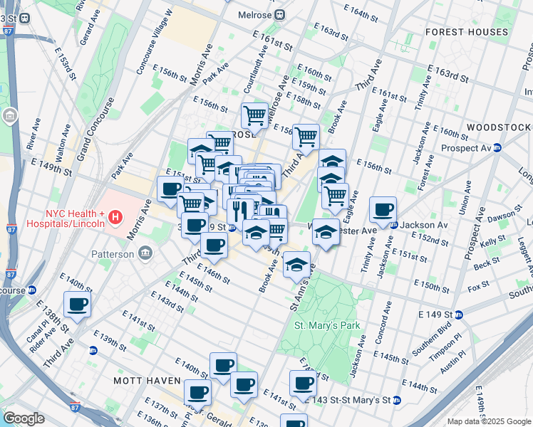 map of restaurants, bars, coffee shops, grocery stores, and more near 423 Westchester Avenue in The Bronx