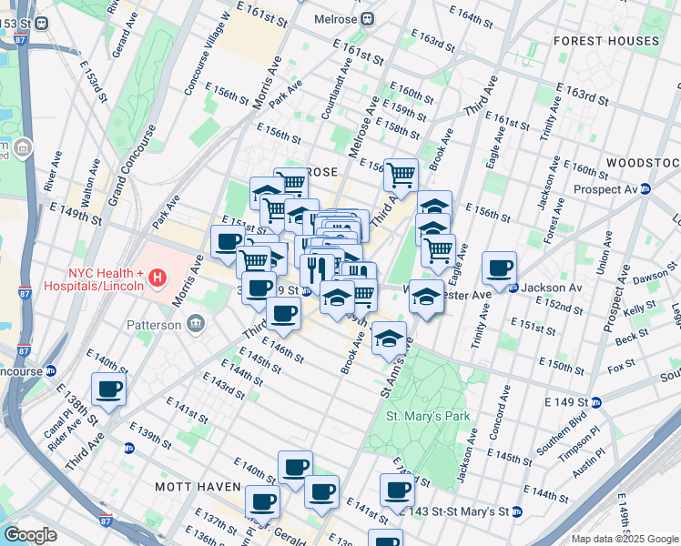 map of restaurants, bars, coffee shops, grocery stores, and more near 423 Westchester Avenue in The Bronx