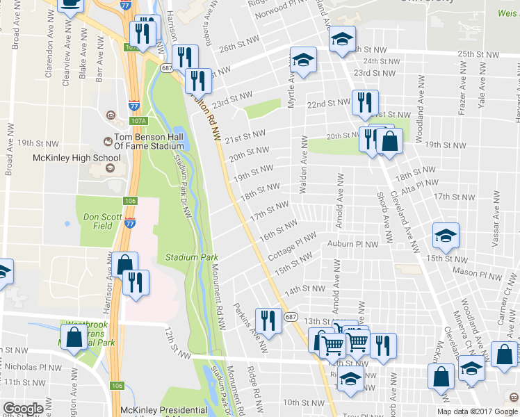 map of restaurants, bars, coffee shops, grocery stores, and more near 1503 17th Street Northwest in Canton