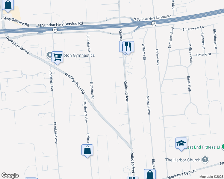 map of restaurants, bars, coffee shops, grocery stores, and more near 336B Railroad Avenue in Center Moriches