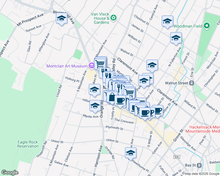 map of restaurants, bars, coffee shops, grocery stores, and more near in Montclair