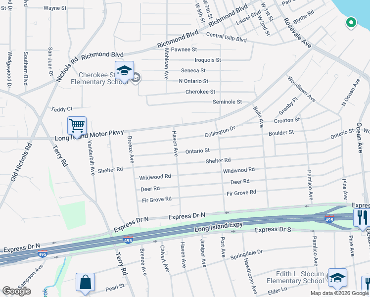 map of restaurants, bars, coffee shops, grocery stores, and more near 317 Haven Avenue in Ronkonkoma