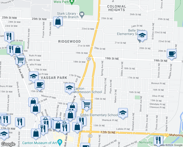 map of restaurants, bars, coffee shops, grocery stores, and more near 1719 Cherry Avenue Northeast in Canton