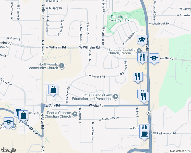 map of restaurants, bars, coffee shops, grocery stores, and more near 1815 West Geneva Road in Peoria