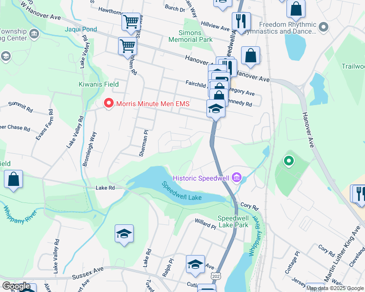 map of restaurants, bars, coffee shops, grocery stores, and more near 18 Max Drive in Morristown