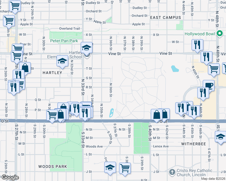 map of restaurants, bars, coffee shops, grocery stores, and more near 335 North 36th Street in Lincoln