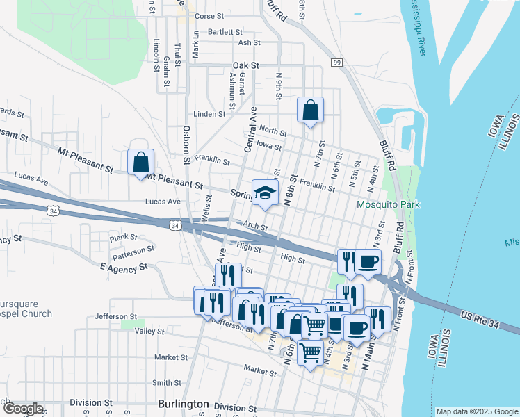 map of restaurants, bars, coffee shops, grocery stores, and more near 825 North 9th Street in Burlington
