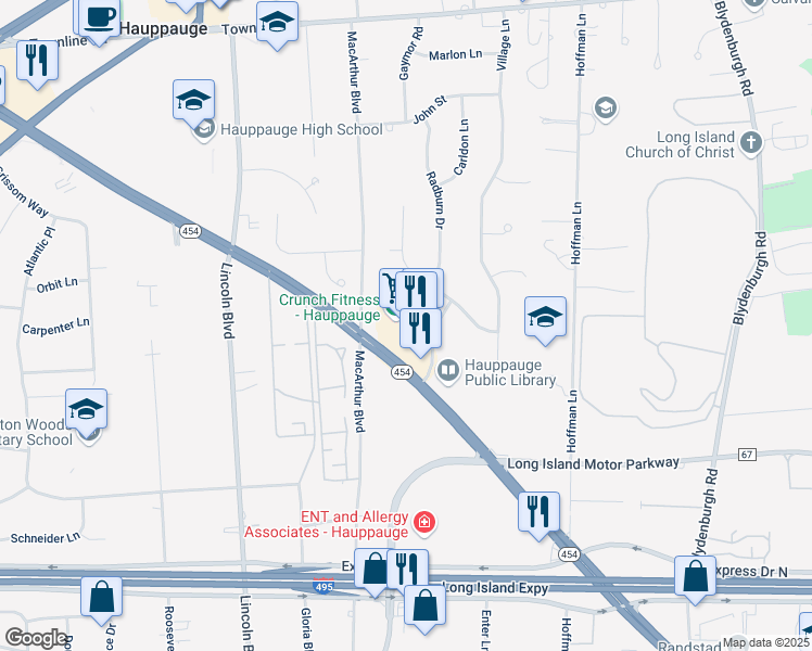 map of restaurants, bars, coffee shops, grocery stores, and more near 1235 Veterans Memorial Highway in Hauppauge