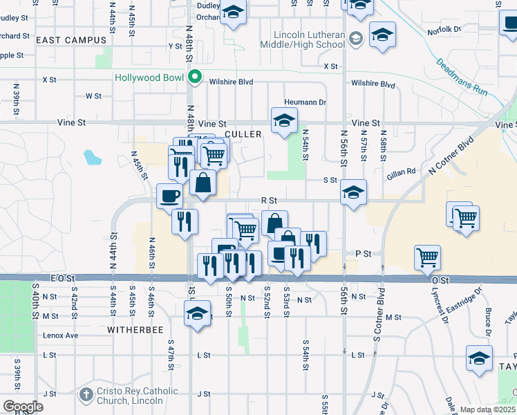 map of restaurants, bars, coffee shops, grocery stores, and more near 5100 Central Park Dr in Lincoln