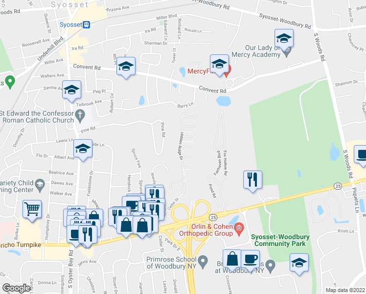 map of restaurants, bars, coffee shops, grocery stores, and more near 69 Hidden Ridge Drive in Syosset