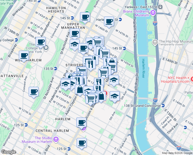 map of restaurants, bars, coffee shops, grocery stores, and more near 125 West 138th Street in New York