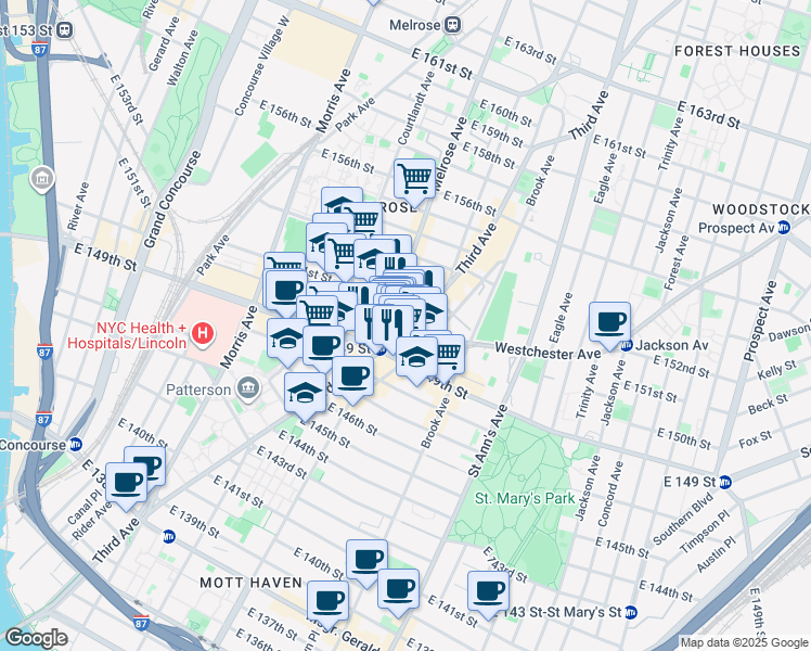 map of restaurants, bars, coffee shops, grocery stores, and more near 2883 3rd Avenue in The Bronx