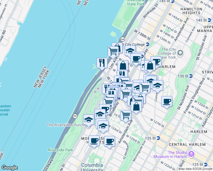 map of restaurants, bars, coffee shops, grocery stores, and more near 560 Riverside Drive in New York