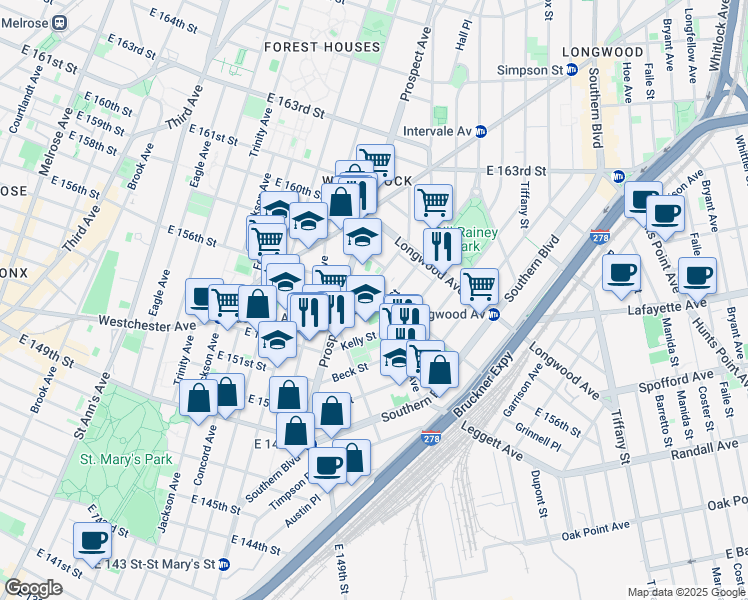 map of restaurants, bars, coffee shops, grocery stores, and more near 675 Dawson Street in Bronx
