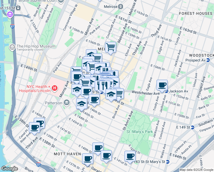 map of restaurants, bars, coffee shops, grocery stores, and more near 286 166 Melrose Avenue in Bronx