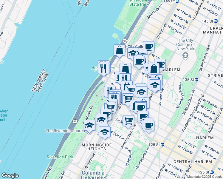 map of restaurants, bars, coffee shops, grocery stores, and more near 560 Riverside Drive in New York