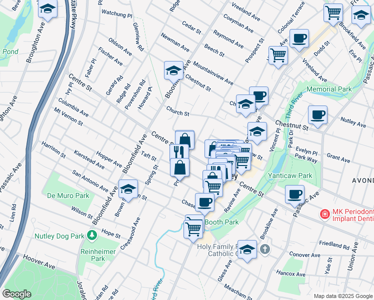 map of restaurants, bars, coffee shops, grocery stores, and more near in Nutley