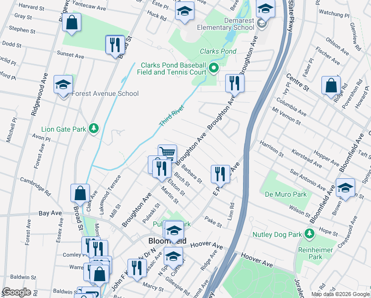 map of restaurants, bars, coffee shops, grocery stores, and more near 11 Union Place in Bloomfield