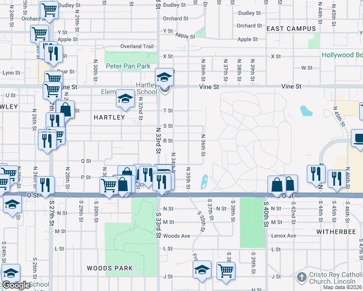 map of restaurants, bars, coffee shops, grocery stores, and more near 351 North 35th Street in Lincoln