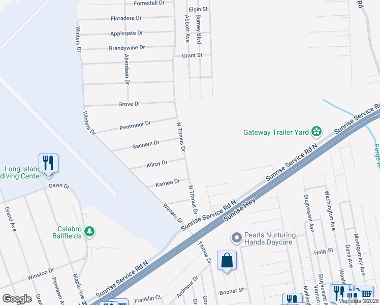 map of restaurants, bars, coffee shops, grocery stores, and more near 162 North Titmus Drive in Mastic