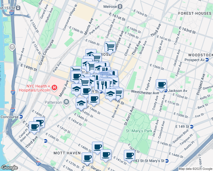 map of restaurants, bars, coffee shops, grocery stores, and more near 2883 3rd Avenue in The Bronx