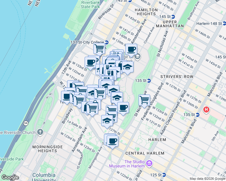 map of restaurants, bars, coffee shops, grocery stores, and more near 102 Convent Avenue in New York