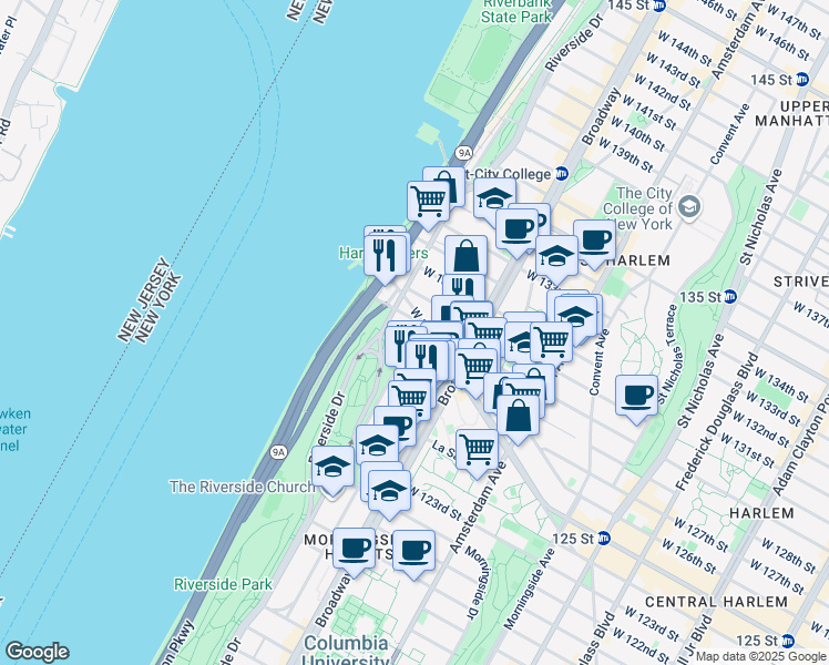 map of restaurants, bars, coffee shops, grocery stores, and more near 558 Riverside Drive in New York